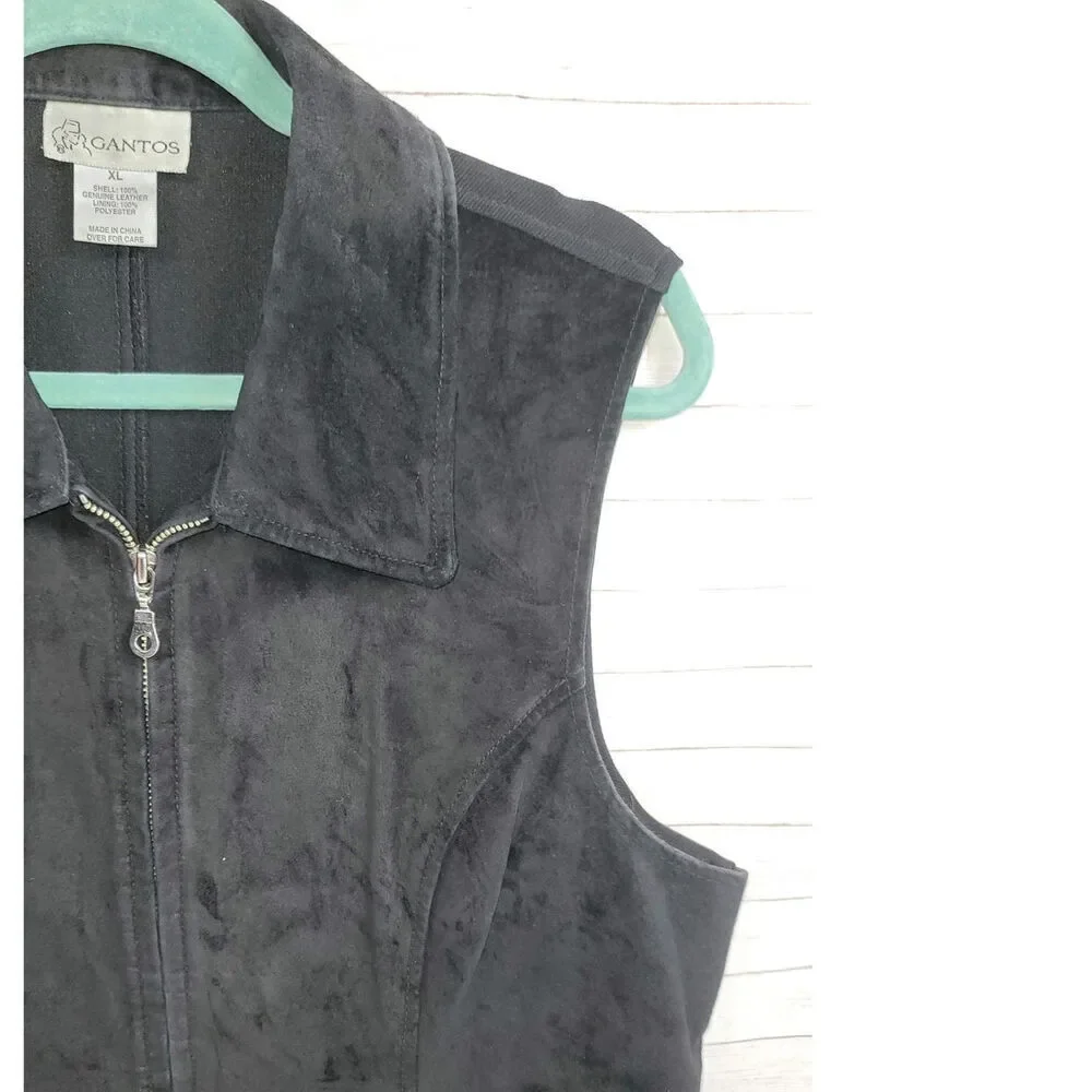 VINTAGE GANTOS 100% SUEDE LEATHER RIBBED FULLED ZIP VEST IN BLACK, SZ XL